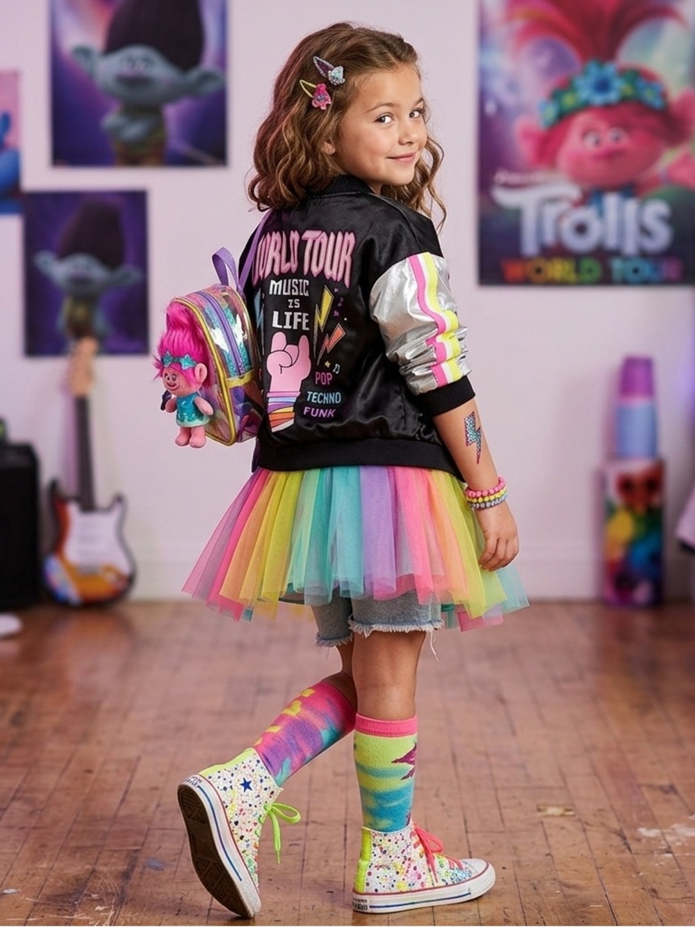 DreamWorks Trolls World Tour girls' metallic bomber jacket size 7/8